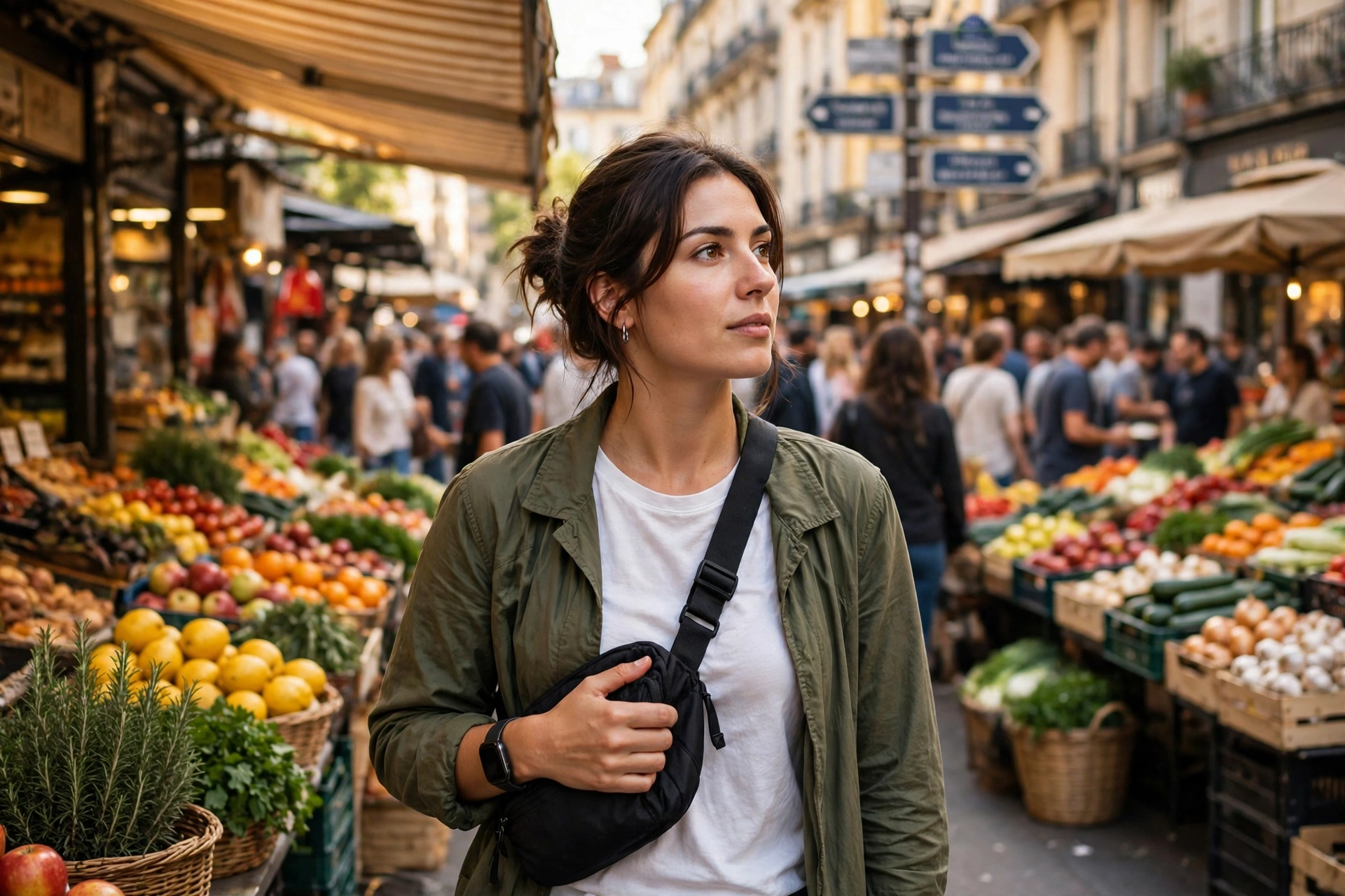 Traveler holding a crossbody bag close while walking through a busy city market street
