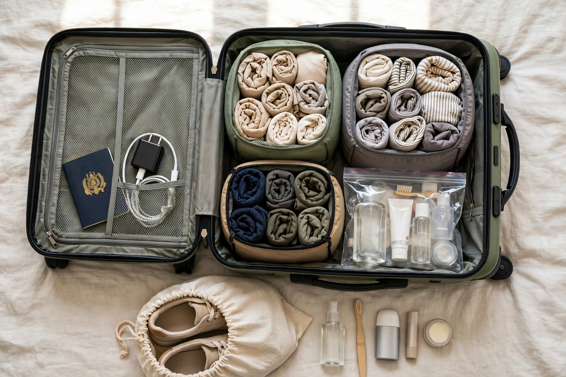 Neatly packed open carry-on suitcase with rolled clothes, packing cubes and a clear liquids bag